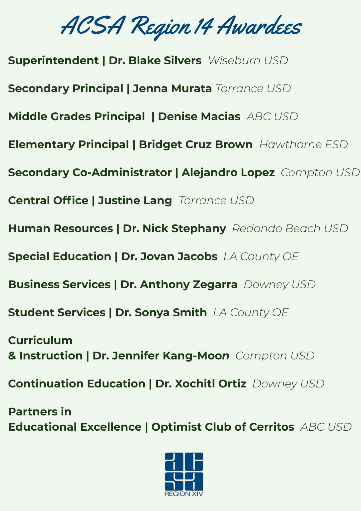 2026 Administrator of the Year Award Winners – ACSA Region 14